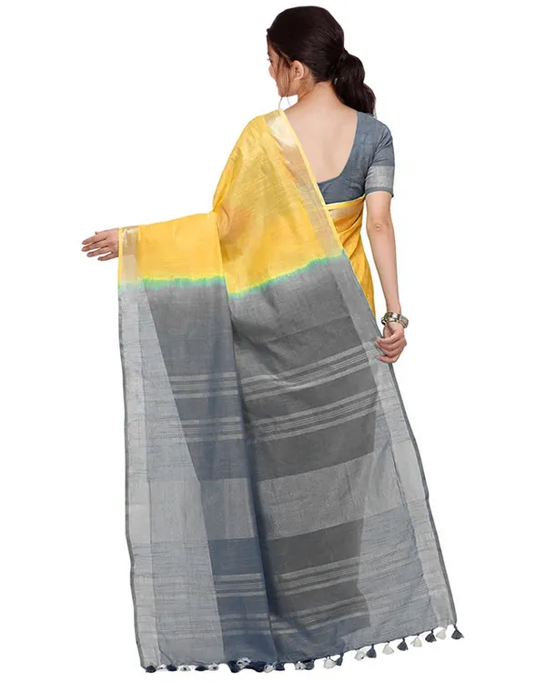 Yellow_&_Grey_women's_Handloom_Bhagalpuri_Cotton_Slub_Blend_Two_Dye_Saree_With_Running_Unstitched_Blouse_Piece