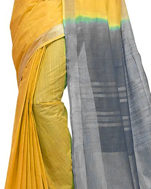 Yellow_&_Grey_women's_Handloom_Bhagalpuri_Cotton_Slub_Blend_Two_Dye_Saree_With_Running_Unstitched_Blouse_Piece