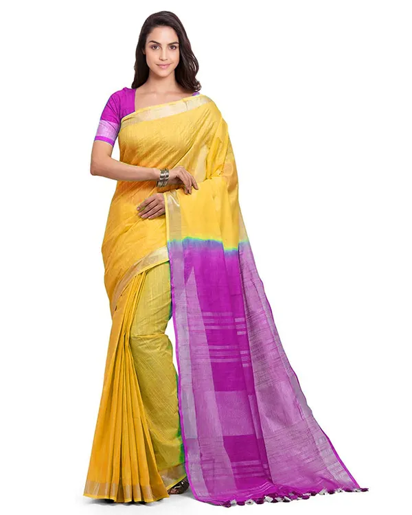 Handloom_Bhagalpuri_Cotton_Slub_Blend_Two_Dye_Saree_With_Running_Unstitched_Blouse_Piece