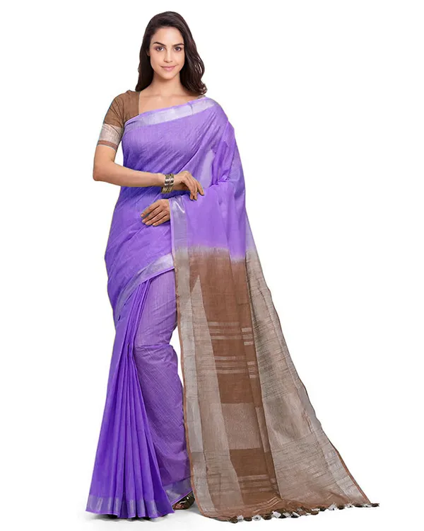 Amethyst_Purple_&_Brown_women's_Handloom_Bhagalpuri_Linen_Cotton_Slub_Blend_Two_Dye_Saree_With_Running_Unstitched_Blouse_Piece