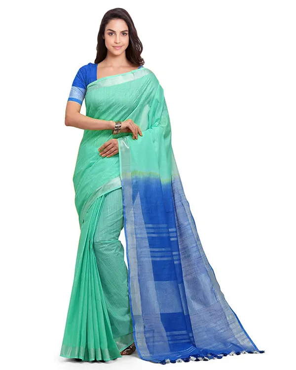 Aquamarine_&_Azure_Cyan_women's_Handloom_Bhagalpuri_Linen_Cotton_Slub_Blend_Two_Dye_Saree_With_Running_Unstitched_Blouse_Piece