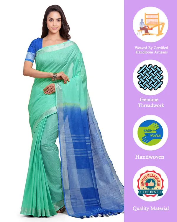 Aquamarine_&_Azure_Cyan_women's_Handloom_Bhagalpuri_Linen_Cotton_Slub_Blend_Two_Dye_Saree_With_Running_Unstitched_Blouse_Piece