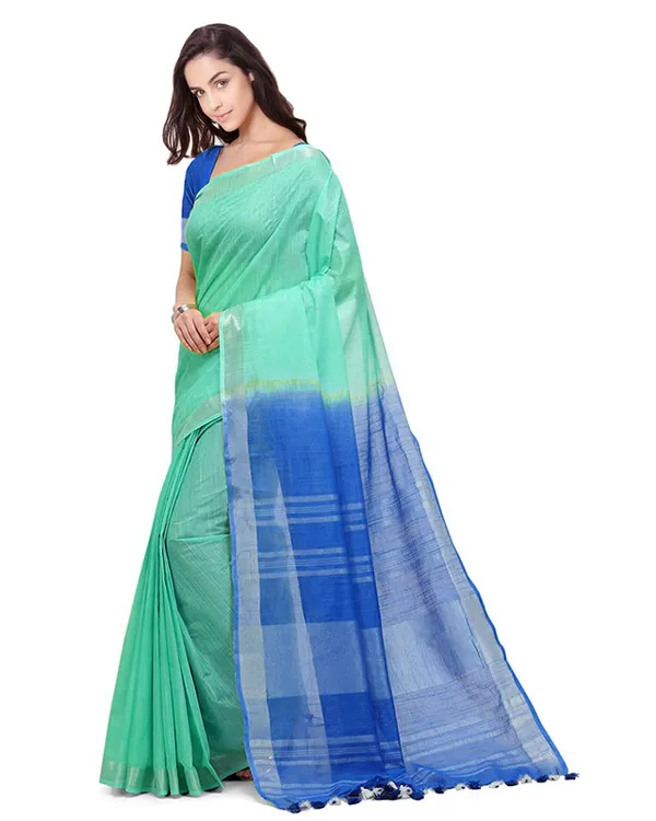 Aquamarine_&_Azure_Cyan_women's_Handloom_Bhagalpuri_Linen_Cotton_Slub_Blend_Two_Dye_Saree_With_Running_Unstitched_Blouse_Piece