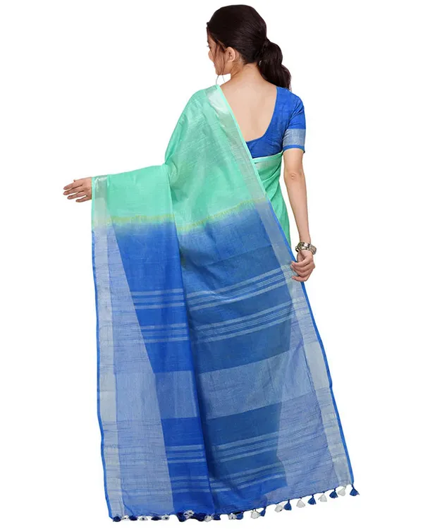 Aquamarine_&_Azure_Cyan_women's_Handloom_Bhagalpuri_Linen_Cotton_Slub_Blend_Two_Dye_Saree_With_Running_Unstitched_Blouse_Piece