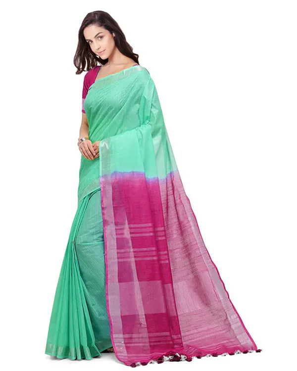 Aquamarine_Turquoise_&_Raspberry_Pink_women's_Handloom_Bhagalpuri_Linen_Cotton_Slub_Blend_Two_Dye_Saree_With_Running_Unstitched_Blouse_Piece