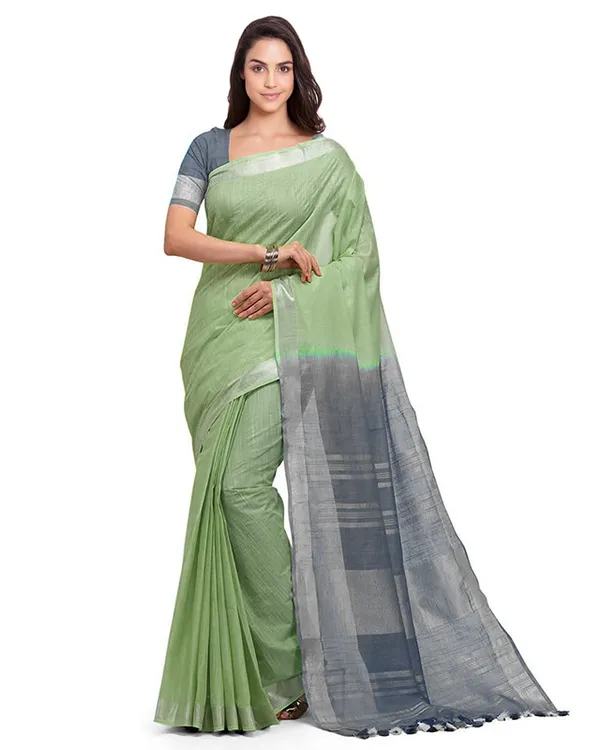 Asparagus_Green_&_Grey_women's_Handloom_Bhagalpuri_Linen_Cotton_Slub_Blend_Two_Dye_Saree_With_Running_Unstitched_Blouse_Piece