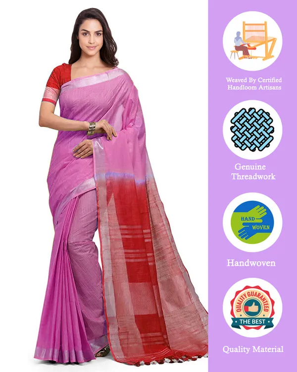 Blush_Pink_&_Red_women's_Handloom_Bhagalpuri_Linen_Cotton_Slub_Blend_Two_Dye_Saree_With_Running_Unstitched_Blouse_Piece