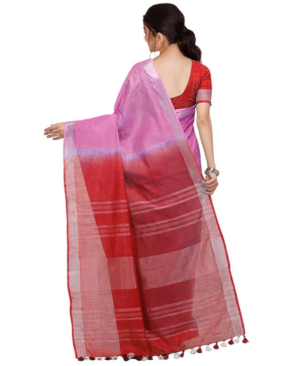 Blush_Pink_&_Red_women's_Handloom_Bhagalpuri_Linen_Cotton_Slub_Blend_Two_Dye_Saree_With_Running_Unstitched_Blouse_Piece