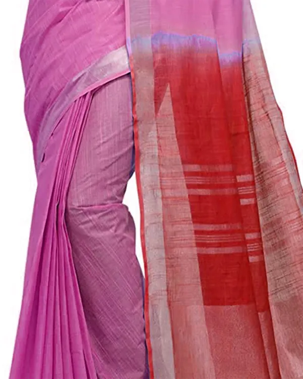 Blush_Pink_&_Red_women's_Handloom_Bhagalpuri_Linen_Cotton_Slub_Blend_Two_Dye_Saree_With_Running_Unstitched_Blouse_Piece