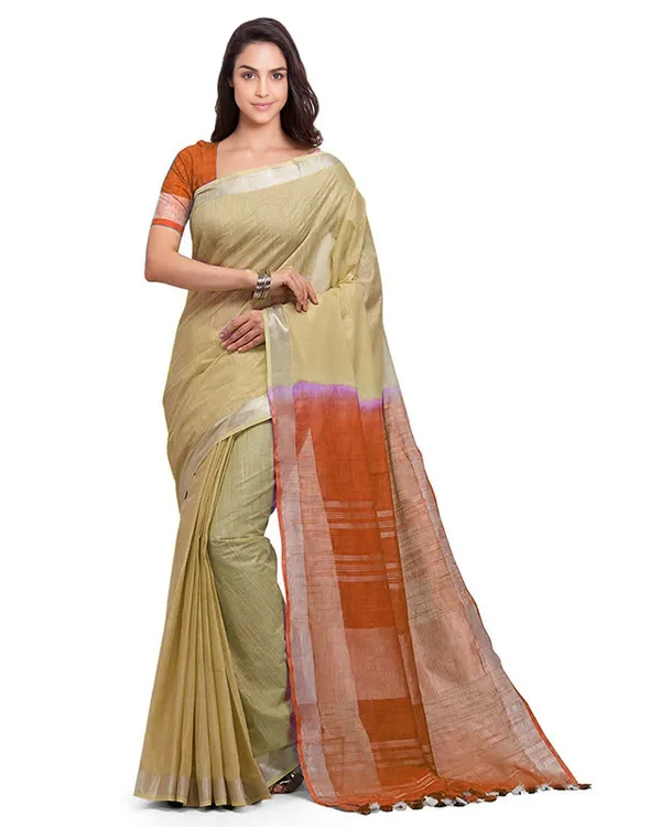 Handloom_Bhagalpuri_Linen_Cotton_Slub_Blend_Two_Dye_Saree_With_Running_Unstitched_Blouse_Piece