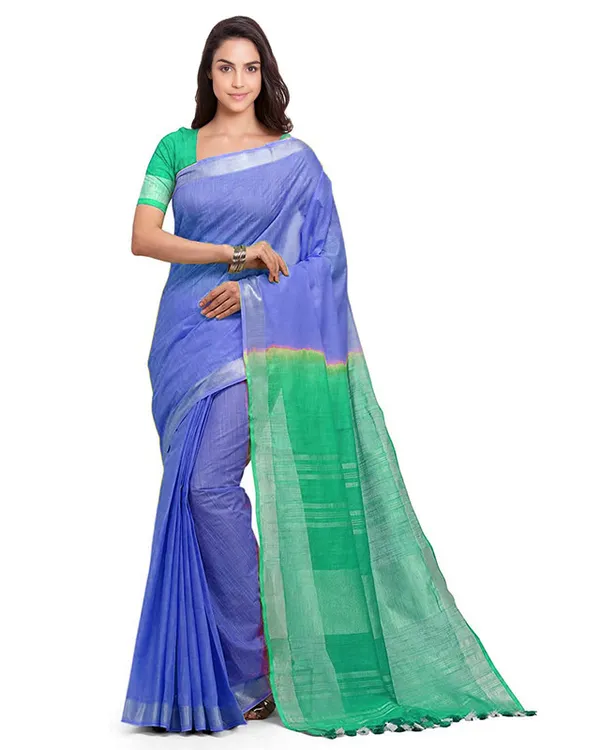 Iris_Blue_&_Aquamarine_Turquoise_women's_Handloom_Bhagalpuri_Linen_Cotton_Slub_Blend_Two_Dye_Saree_With_Running_Unstitched_Blouse_Piece