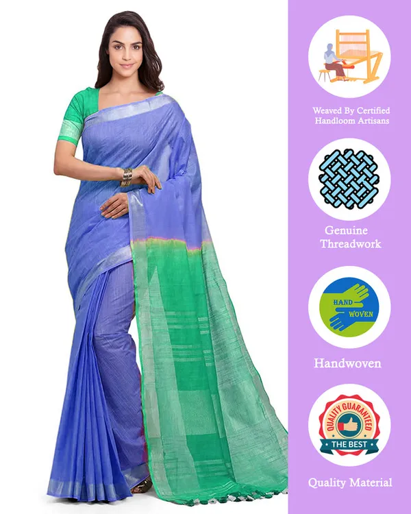 Iris_Blue_&_Aquamarine_Turquoise_women's_Handloom_Bhagalpuri_Linen_Cotton_Slub_Blend_Two_Dye_Saree_With_Running_Unstitched_Blouse_Piece