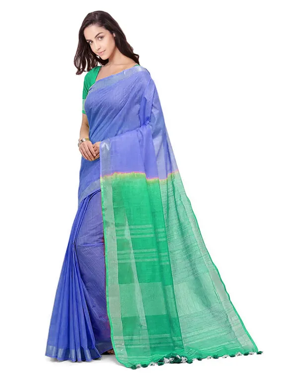 Iris_Blue_&_Aquamarine_Turquoise_women's_Handloom_Bhagalpuri_Linen_Cotton_Slub_Blend_Two_Dye_Saree_With_Running_Unstitched_Blouse_Piece