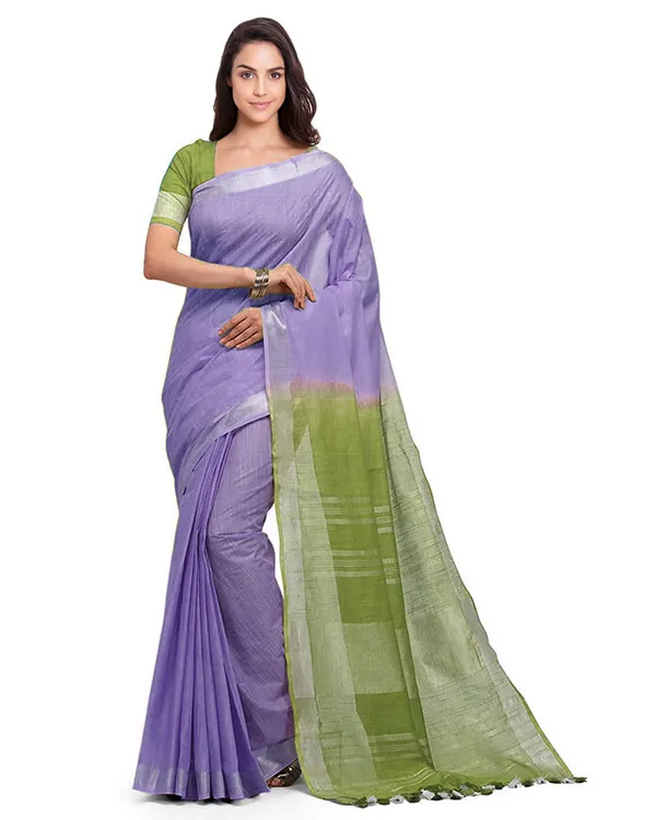Pale_Purple_&_Moss_Green_women's_Handloom_Bhagalpuri_Linen_Cotton_Slub_Blend_Two_Dye_Saree_With_Running_Unstitched_Blouse_Piece
