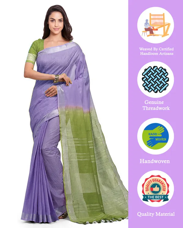 Pale_Purple_&_Moss_Green_women's_Handloom_Bhagalpuri_Linen_Cotton_Slub_Blend_Two_Dye_Saree_With_Running_Unstitched_Blouse_Piece