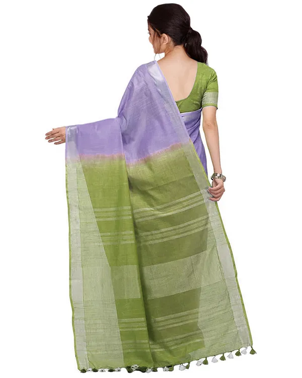 Pale_Purple_&_Moss_Green_women's_Handloom_Bhagalpuri_Linen_Cotton_Slub_Blend_Two_Dye_Saree_With_Running_Unstitched_Blouse_Piece