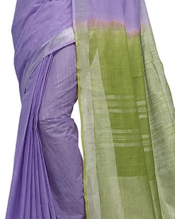 Pale_Purple_&_Moss_Green_women's_Handloom_Bhagalpuri_Linen_Cotton_Slub_Blend_Two_Dye_Saree_With_Running_Unstitched_Blouse_Piece