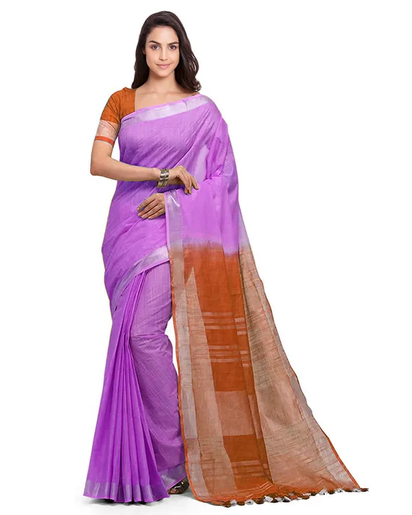 Pinkish_Purple_&_Mohangni_Orange_women's_Handloom_Bhagalpuri_Linen_Cotton_Slub_Blend_Two_Dye_Saree_With_Running_Unstitched_Blouse_Piece