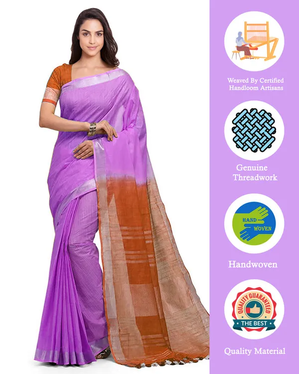 Pinkish_Purple_&_Mohangni_Orange_women's_Handloom_Bhagalpuri_Linen_Cotton_Slub_Blend_Two_Dye_Saree_With_Running_Unstitched_Blouse_Piece