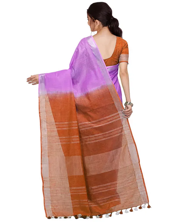 Pinkish_Purple_&_Mohangni_Orange_women's_Handloom_Bhagalpuri_Linen_Cotton_Slub_Blend_Two_Dye_Saree_With_Running_Unstitched_Blouse_Piece