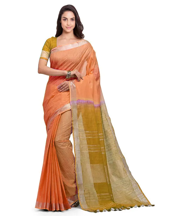 Pumpkin_Orange_&_Golden_Brown_women's_Handloom_Bhagalpuri_Linen_Cotton_Slub_Blend_Two_Dye_Saree_With_Running_Unstitched_Blouse_Piece