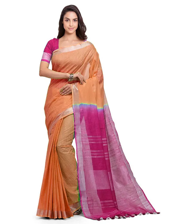 Pumpkin_Orange_&_Raspberry_Pink_women's__Handloom_Bhagalpuri_Linen_Cotton_Slub_Blend_Two_Dye_Saree_With_Running_Unstitched_Blouse_Piece