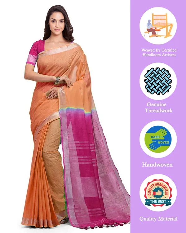 Pumpkin_Orange_&_Raspberry_Pink_women's__Handloom_Bhagalpuri_Linen_Cotton_Slub_Blend_Two_Dye_Saree_With_Running_Unstitched_Blouse_Piece
