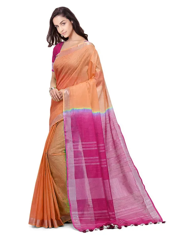 Pumpkin_Orange_&_Raspberry_Pink_women's__Handloom_Bhagalpuri_Linen_Cotton_Slub_Blend_Two_Dye_Saree_With_Running_Unstitched_Blouse_Piece