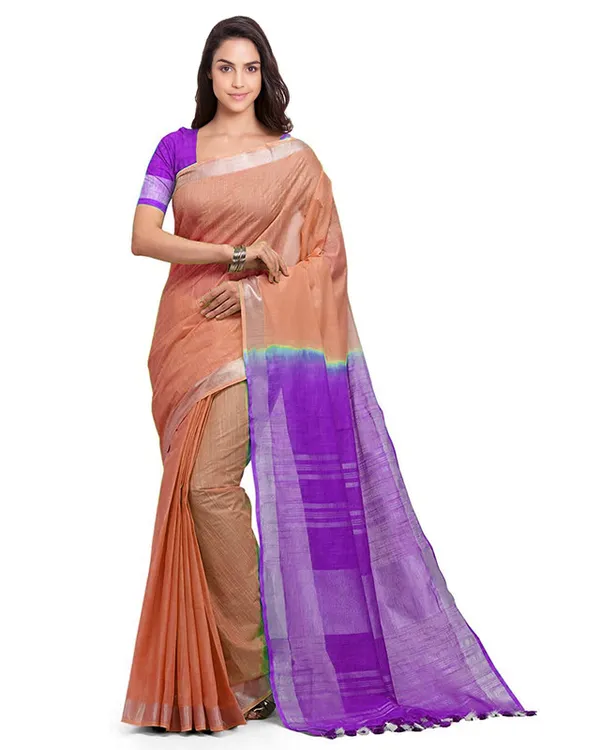 Tangerine_Orange_&_French_Violet_women's_Handloom_Bhagalpuri_Linen_Cotton_Slub_Blend_Two_Dye_Saree_With_Running_Unstitched_Blouse_Piece