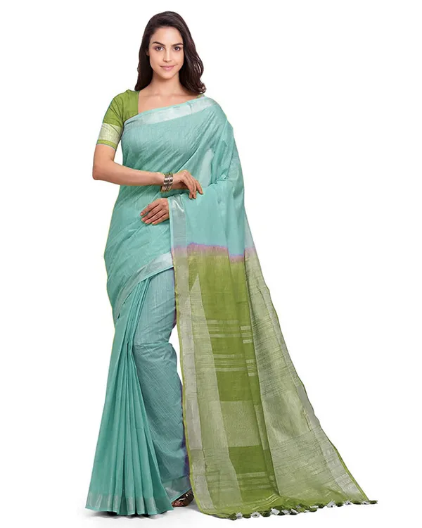 Tiffany_Cyan_&_Moss_Green_women's_Handloom_Bhagalpuri_Linen_Cotton_Slub_Blend_Two_Dye_Saree_With_Running_Unstitched_Blouse_Piece