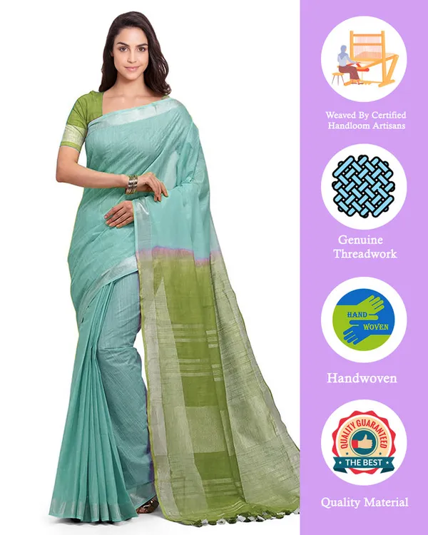 Tiffany_Cyan_&_Moss_Green_women's_Handloom_Bhagalpuri_Linen_Cotton_Slub_Blend_Two_Dye_Saree_With_Running_Unstitched_Blouse_Piece