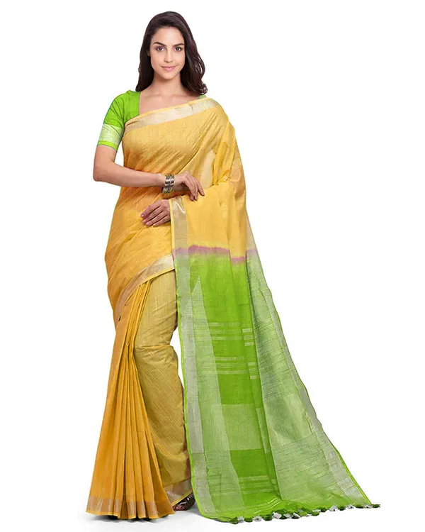 Yellow_&_Apple_Green_women's_Handloom_Bhagalpuri_Linen_Cotton_Slub_Blend_Two_Dye_Saree_With_Running_Unstitched_Blouse_Piece