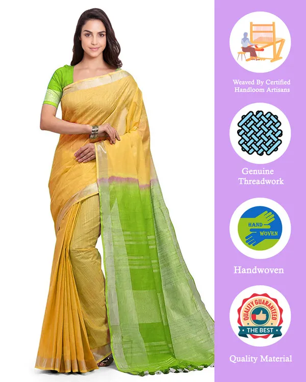 Yellow_&_Apple_Green_women's_Handloom_Bhagalpuri_Linen_Cotton_Slub_Blend_Two_Dye_Saree_With_Running_Unstitched_Blouse_Piece