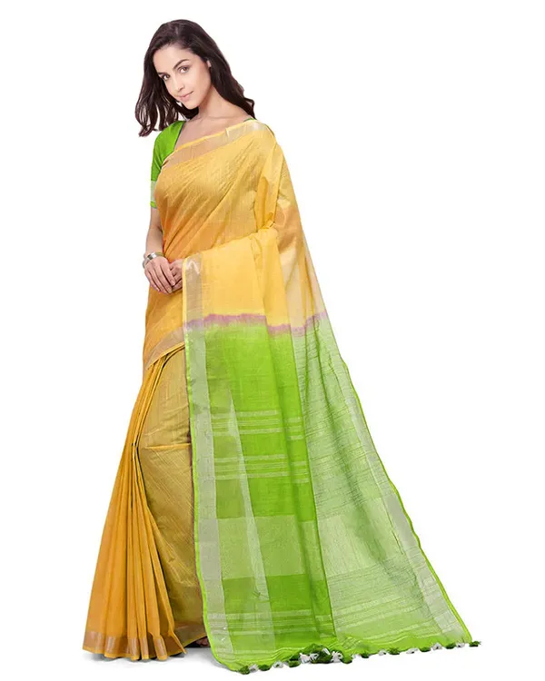 Yellow_&_Apple_Green_women's_Handloom_Bhagalpuri_Linen_Cotton_Slub_Blend_Two_Dye_Saree_With_Running_Unstitched_Blouse_Piece