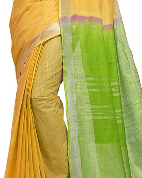 Yellow_&_Apple_Green_women's_Handloom_Bhagalpuri_Linen_Cotton_Slub_Blend_Two_Dye_Saree_With_Running_Unstitched_Blouse_Piece