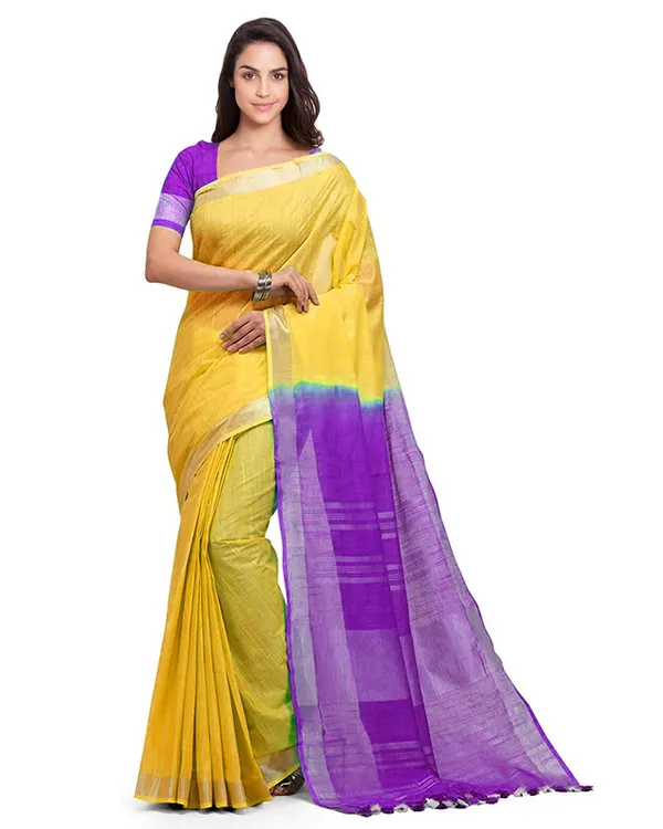 Yellow_&_French_Violet_women's_Handloom_Bhagalpuri_Linen_Cotton_Slub_Blend_Two_Dye_Saree_With_Running_Unstitched_Blouse_Piece