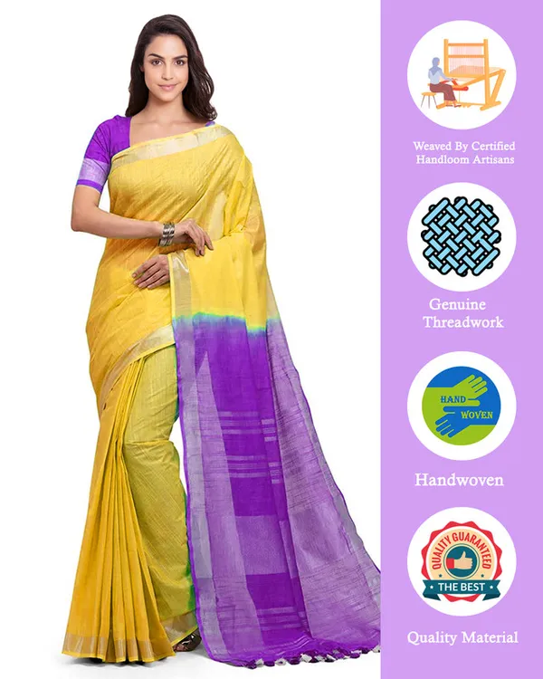 Yellow_&_French_Violet_women's_Handloom_Bhagalpuri_Linen_Cotton_Slub_Blend_Two_Dye_Saree_With_Running_Unstitched_Blouse_Piece