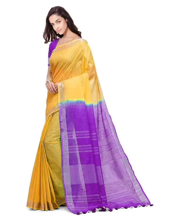 Yellow_&_French_Violet_women's_Handloom_Bhagalpuri_Linen_Cotton_Slub_Blend_Two_Dye_Saree_With_Running_Unstitched_Blouse_Piece