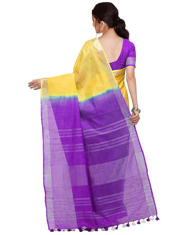 Yellow_&_French_Violet_women's_Handloom_Bhagalpuri_Linen_Cotton_Slub_Blend_Two_Dye_Saree_With_Running_Unstitched_Blouse_Piece