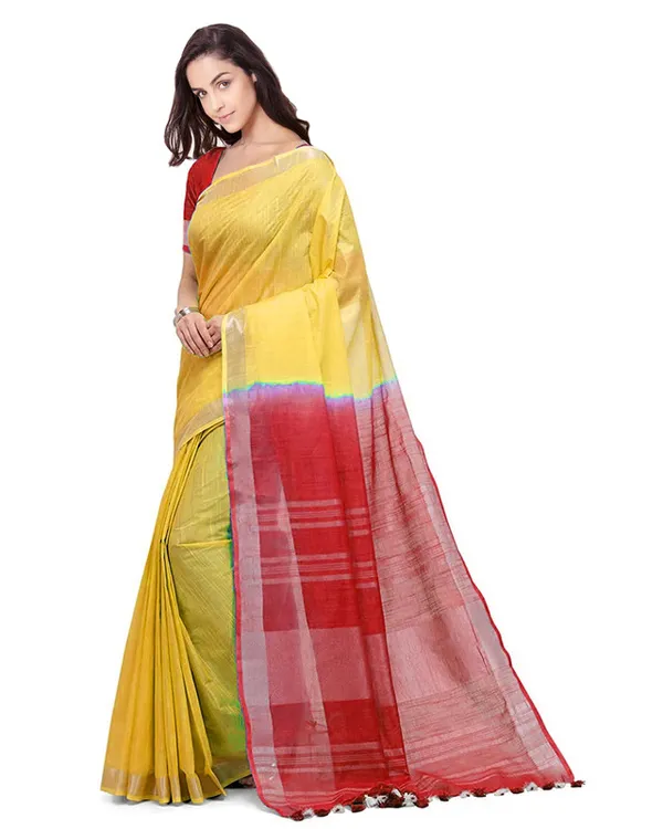 Yellow_&_Red_women's_Handloom_Bhagalpuri_Linen_Cotton_Slub_Blend_Two_Dye_Saree_With_Running_Unstitched_Blouse_Piece