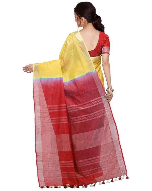 Yellow_&_Red_women's_Handloom_Bhagalpuri_Linen_Cotton_Slub_Blend_Two_Dye_Saree_With_Running_Unstitched_Blouse_Piece