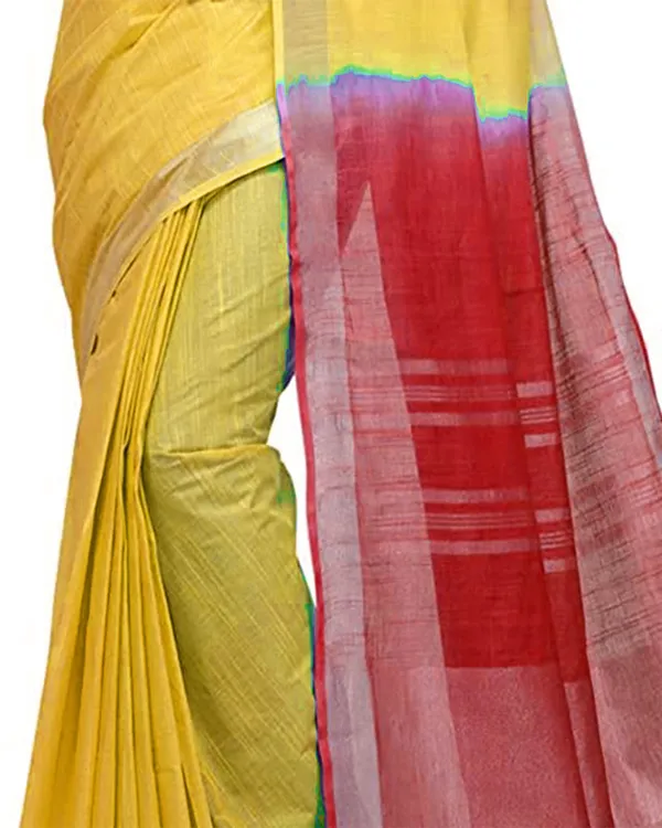 Yellow_&_Red_women's_Handloom_Bhagalpuri_Linen_Cotton_Slub_Blend_Two_Dye_Saree_With_Running_Unstitched_Blouse_Piece
