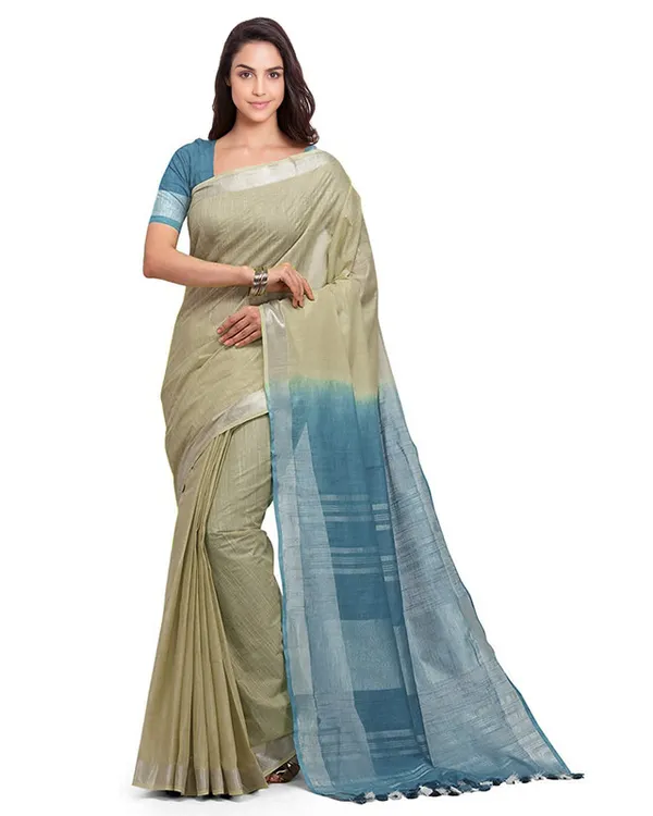 Yuma_Tan_&_Cerulean_Blue_women's_Handloom_Bhagalpuri_Linen_Cotton_Slub_Blend_Two_Dye_Saree_With_Running_Unstitched_Blouse_Piece