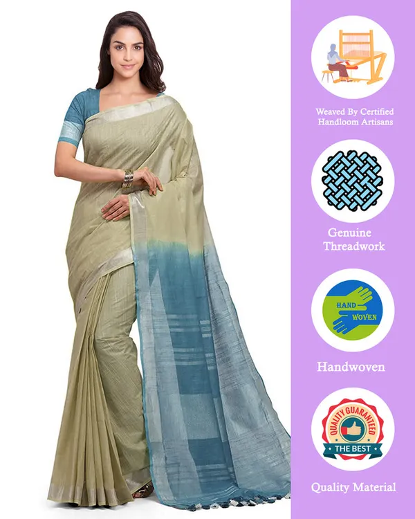 Yuma_Tan_&_Cerulean_Blue_women's_Handloom_Bhagalpuri_Linen_Cotton_Slub_Blend_Two_Dye_Saree_With_Running_Unstitched_Blouse_Piece