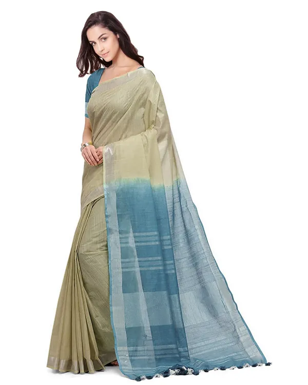 Yuma_Tan_&_Cerulean_Blue_women's_Handloom_Bhagalpuri_Linen_Cotton_Slub_Blend_Two_Dye_Saree_With_Running_Unstitched_Blouse_Piece