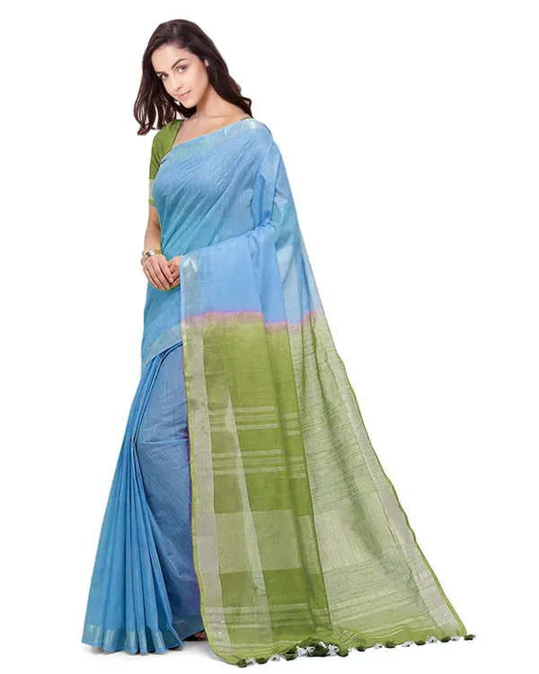 Picton_Cyan_&_Moss_Green_women's_Handloom_Bhagalpuri_Cotton_Linen_Blend_Two_Dye_Saree_With_Running_Unstitched_Blouse_Piece