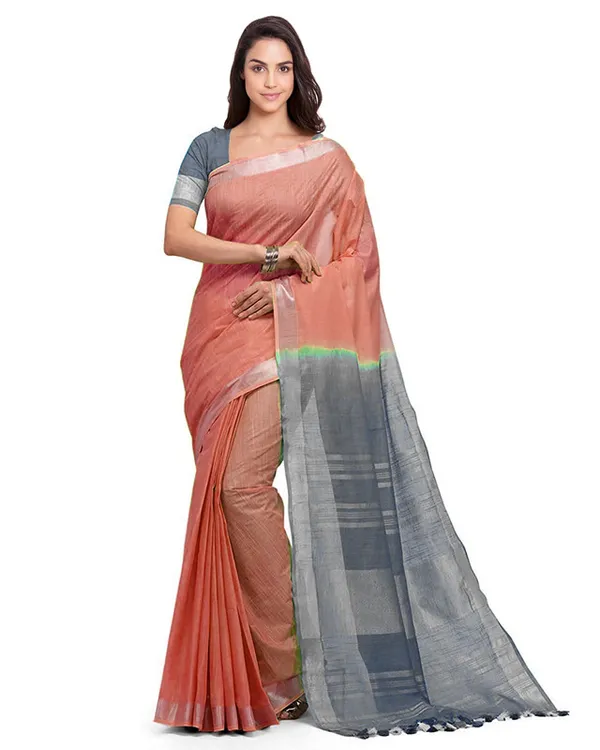 Handloom_Bhagalpuri_Cotton_Linen_Blend_Two_Dye_Saree_With_Running_Unstitched_Blouse_Piece