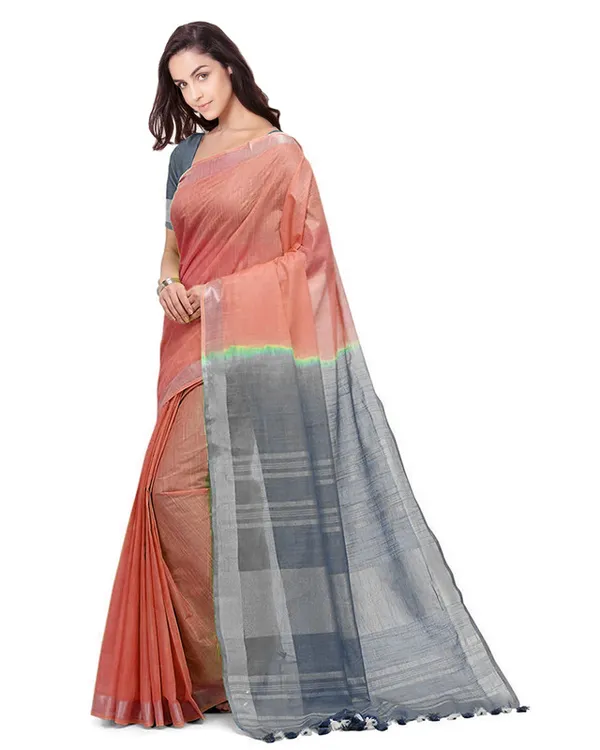 Handloom_Bhagalpuri_Cotton_Linen_Blend_Two_Dye_Saree_With_Running_Unstitched_Blouse_Piece