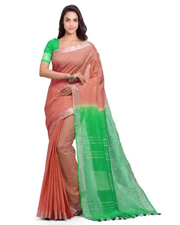 Bittersweet_Orange_&_Honeydew_Green_women's_Handloom_Bhagalpuri_Cotton_Linen_Blend_Two_Dye_Saree_With_Running_Unstitched_Blouse_Piece