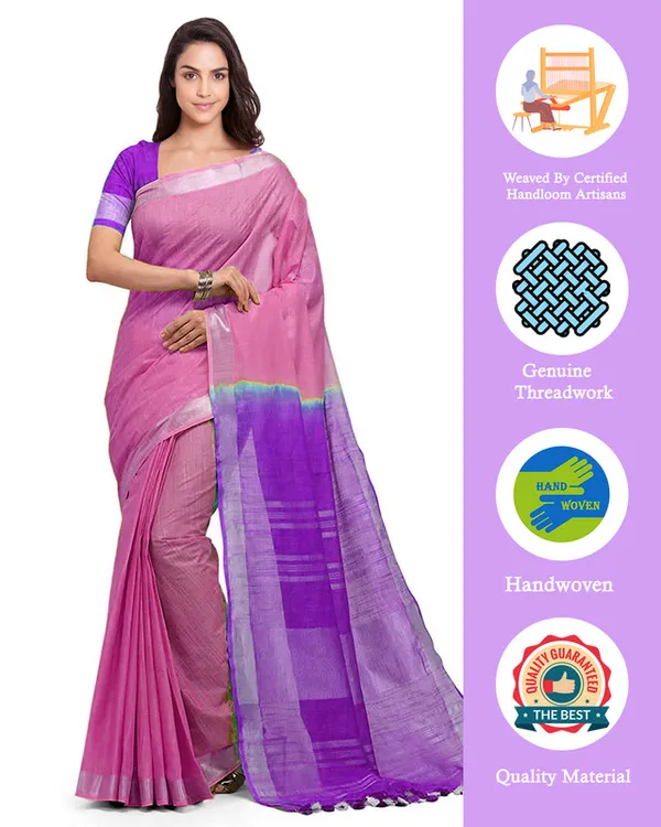 Blush_Pink_&_French_Violet_women's_Handloom_Bhagalpuri_Cotton_Linen_Blend_Two_Dye_Saree_With_Running_Unstitched_Blouse_Piece
